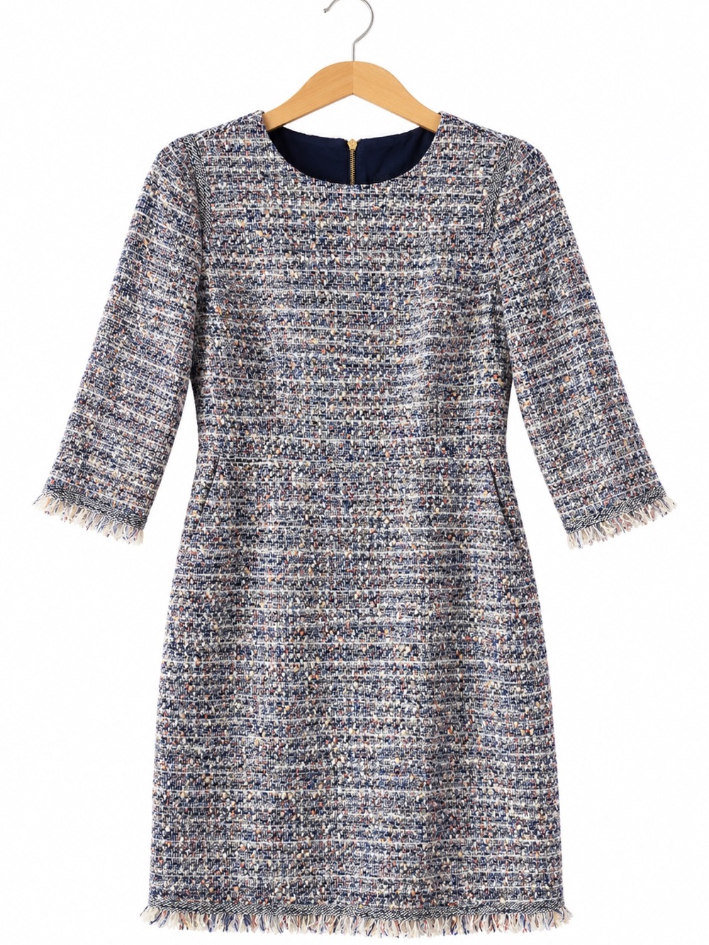 J.Crew Bouclé Tweed Sheath Dress Size 6 Multicolor Fringe 3/4 Sleeve Preppy